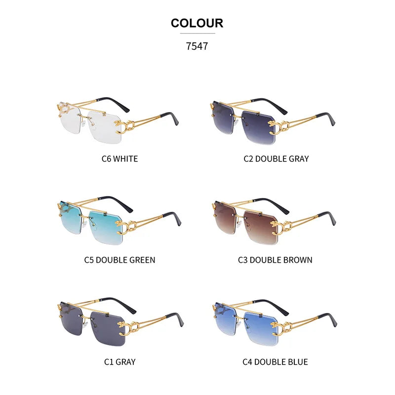 Trendy Leopard Rimless Sunglasses with Double Bridge, Gradient Lenses & UV400 Protection