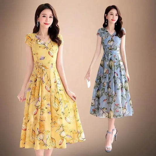 V-Neck Short Sleeve Waist-Fitted Dress – Elegant Slimming Summer Midi Dress for Women