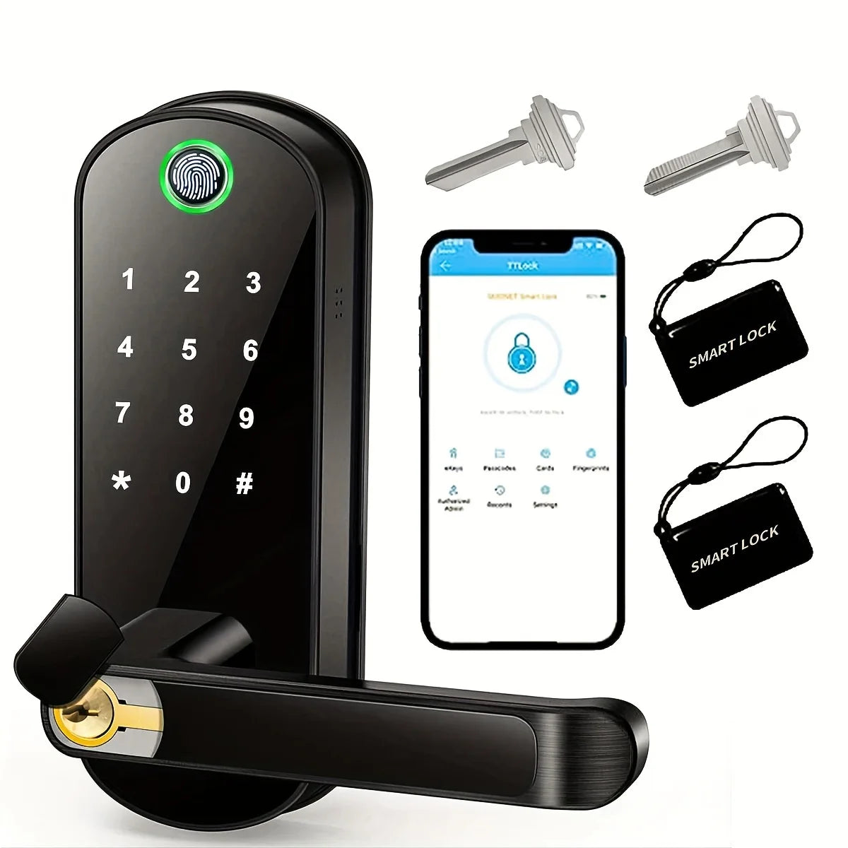 Smart Fingerprint Door Lock | App Remote Control | Keyless WIFI Digital Touchscreen Lock | NFC | IP67 Waterproof | Includes 2 IC Cards