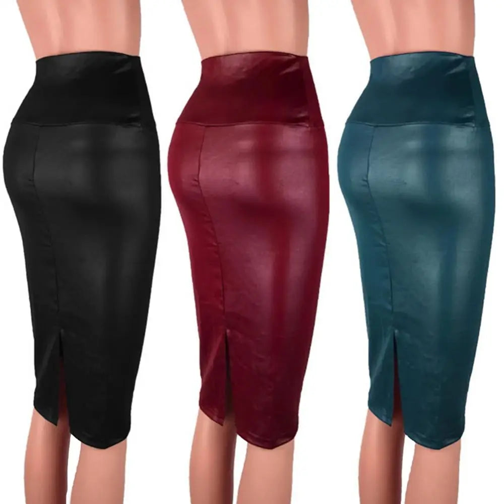 Elegant High-Waist Faux Leather Pencil Skirt – Knee-Length Bodycon with Side Split