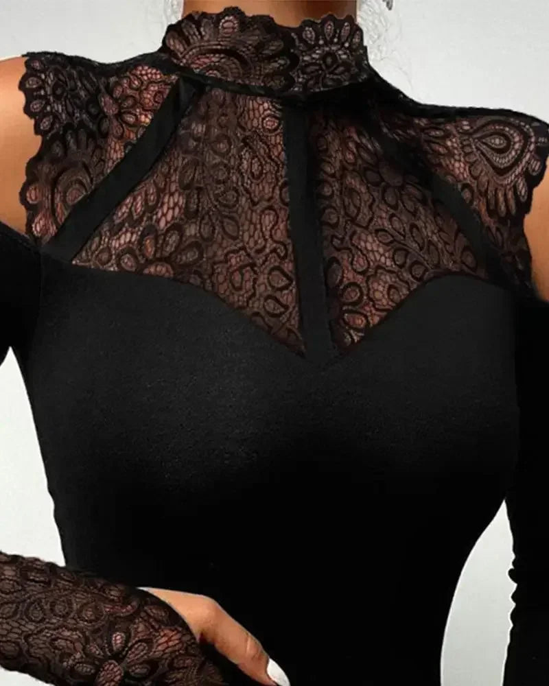 Cold Shoulder Lace Bodysuit – Long Sleeve, Slim Fit