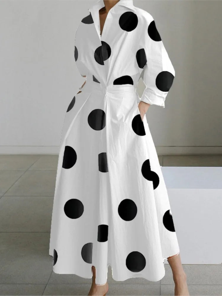 Autumn Long Sleeve Dot Print Maxi Dress – Elegant V-Neck Shirt Party Dress for Women