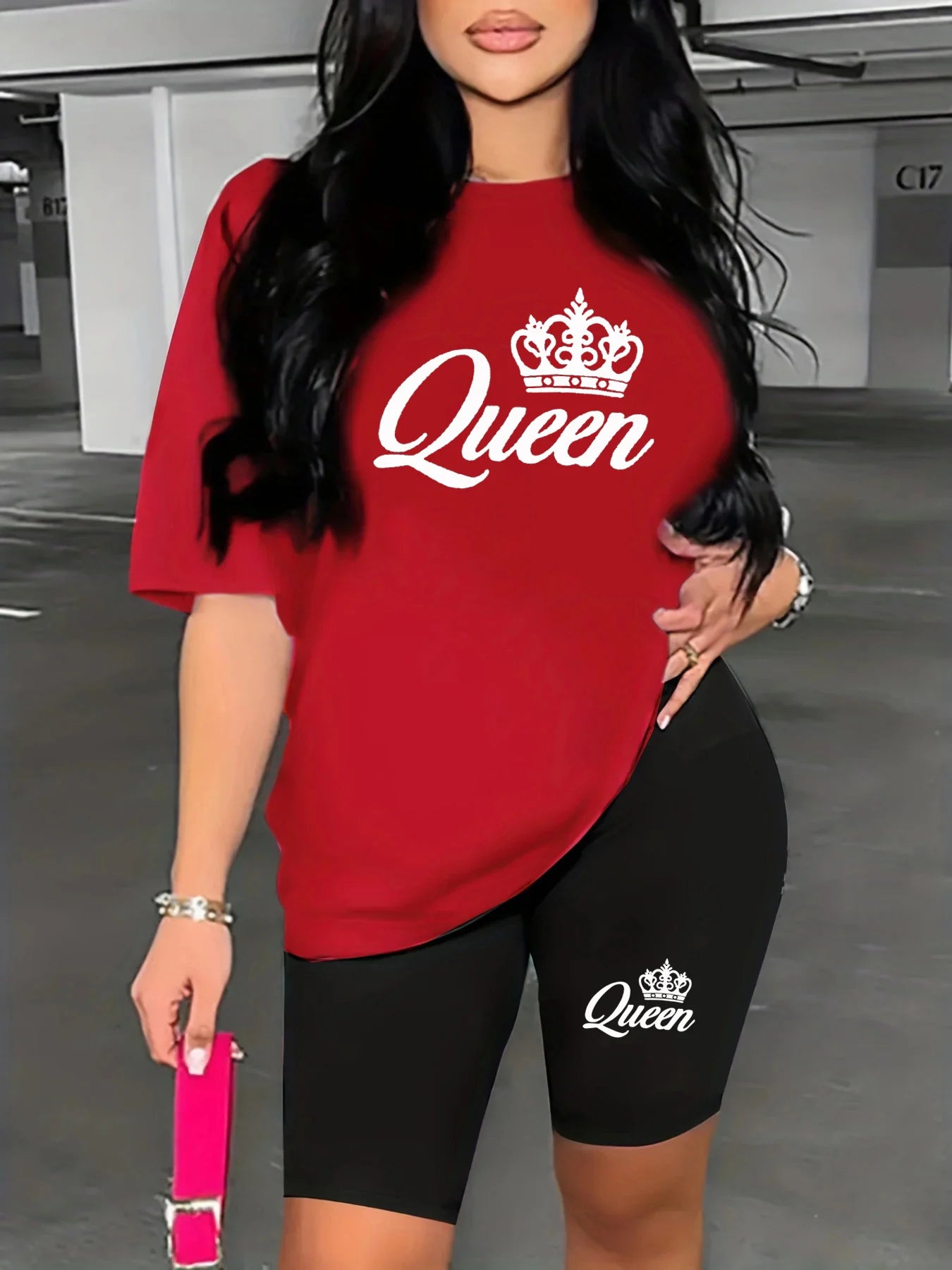 Women’s Queen Print Loose Round Neck T-Shirt & Shorts Set