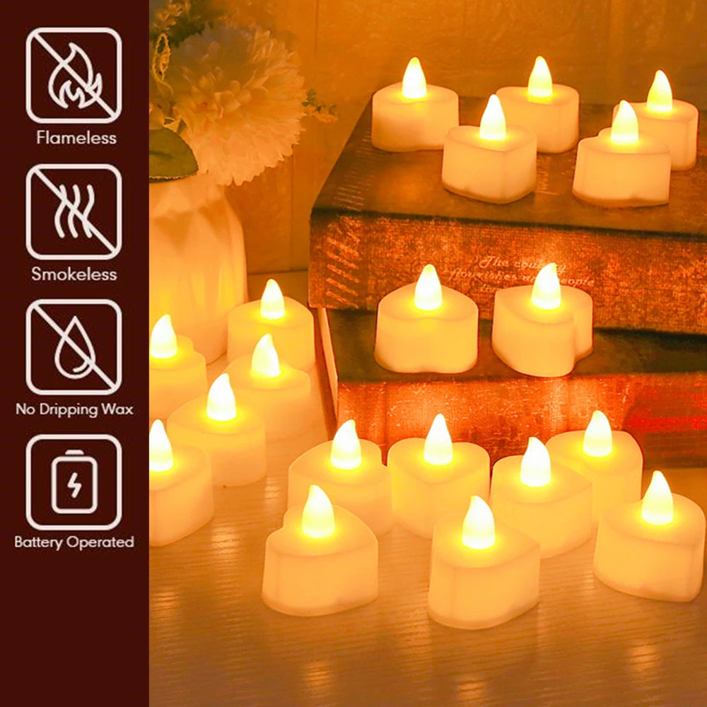 Heart-Shaped Flameless LED Tealight Candles – Battery-Powered Lights for Home, Wedding & Christmas Decor 24pcs
