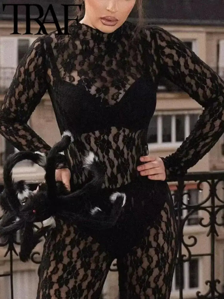 Sexy Sheer Lace Bodysuit – Women's Slim Fit Mock Neck Long-Sleeve Playsuit for Spring 2024