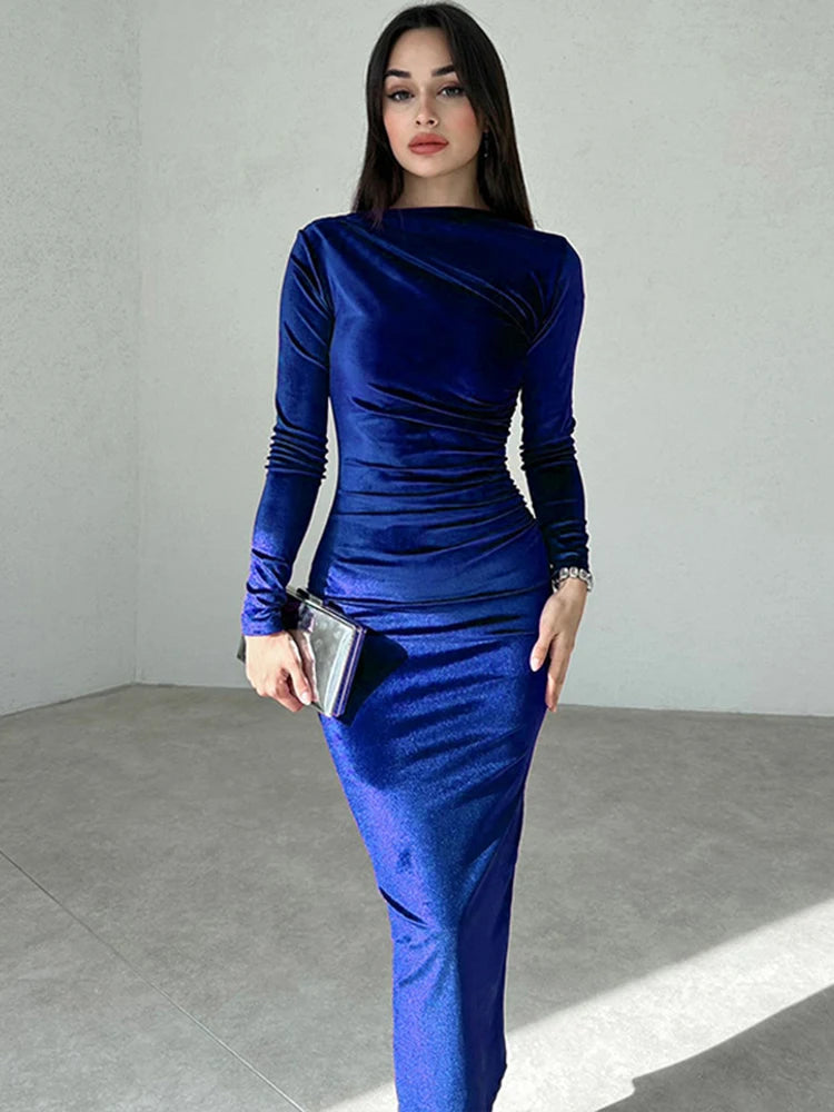 Velvet Green Ruched Midi Dress – Elegant Spring Summer Party Outfit