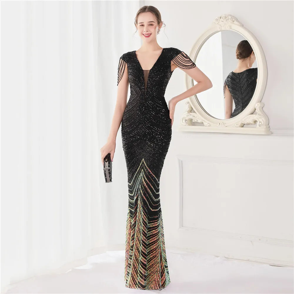 DEERVEADO V-Neck Mermaid Evening Dress – Beaded Long Formal Party Gown for Women