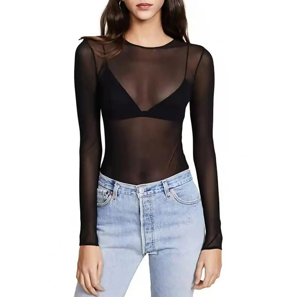Women's Sheer Mesh Long Sleeve Top – Solid Color Punk Club Shirt