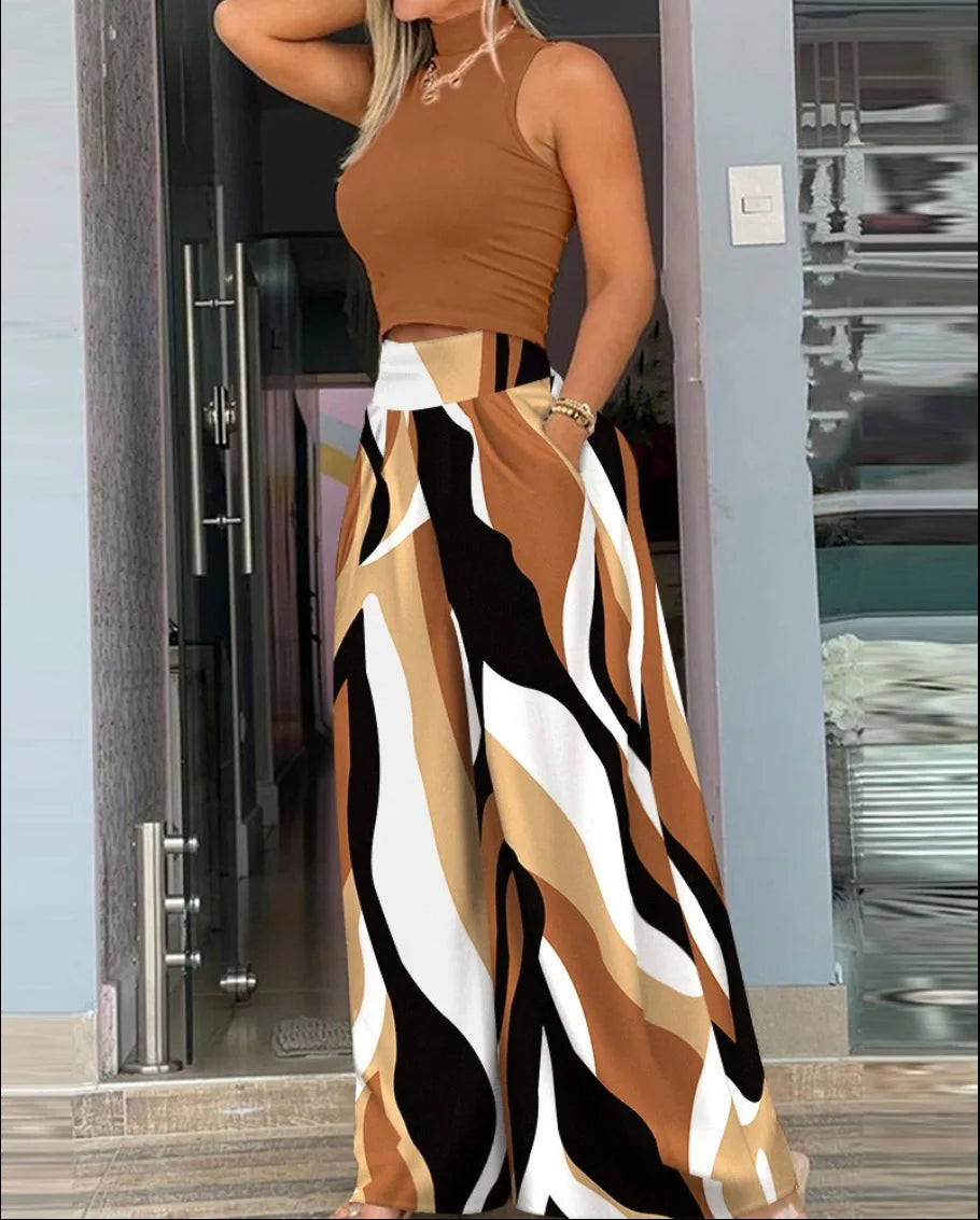 Summer 2024 Women’s Print Two-Piece Set - Sleeveless T-Shirt & Wide Leg Pants