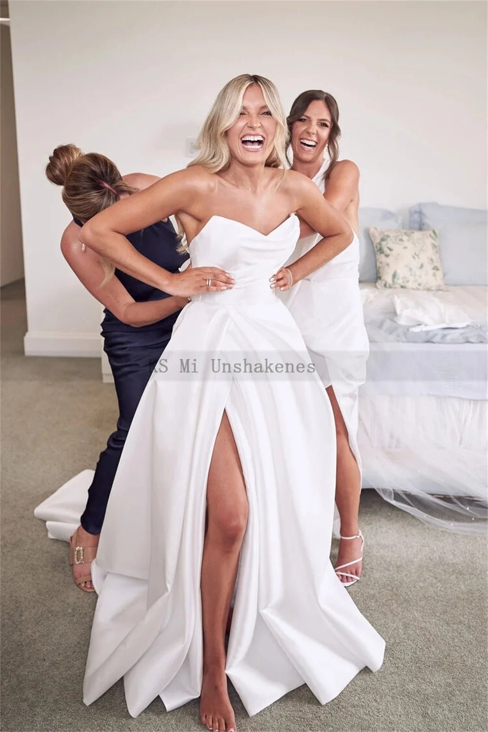 Chic Satin A-Line Wedding Dress – High Split Pleated Princess Bridal Gown