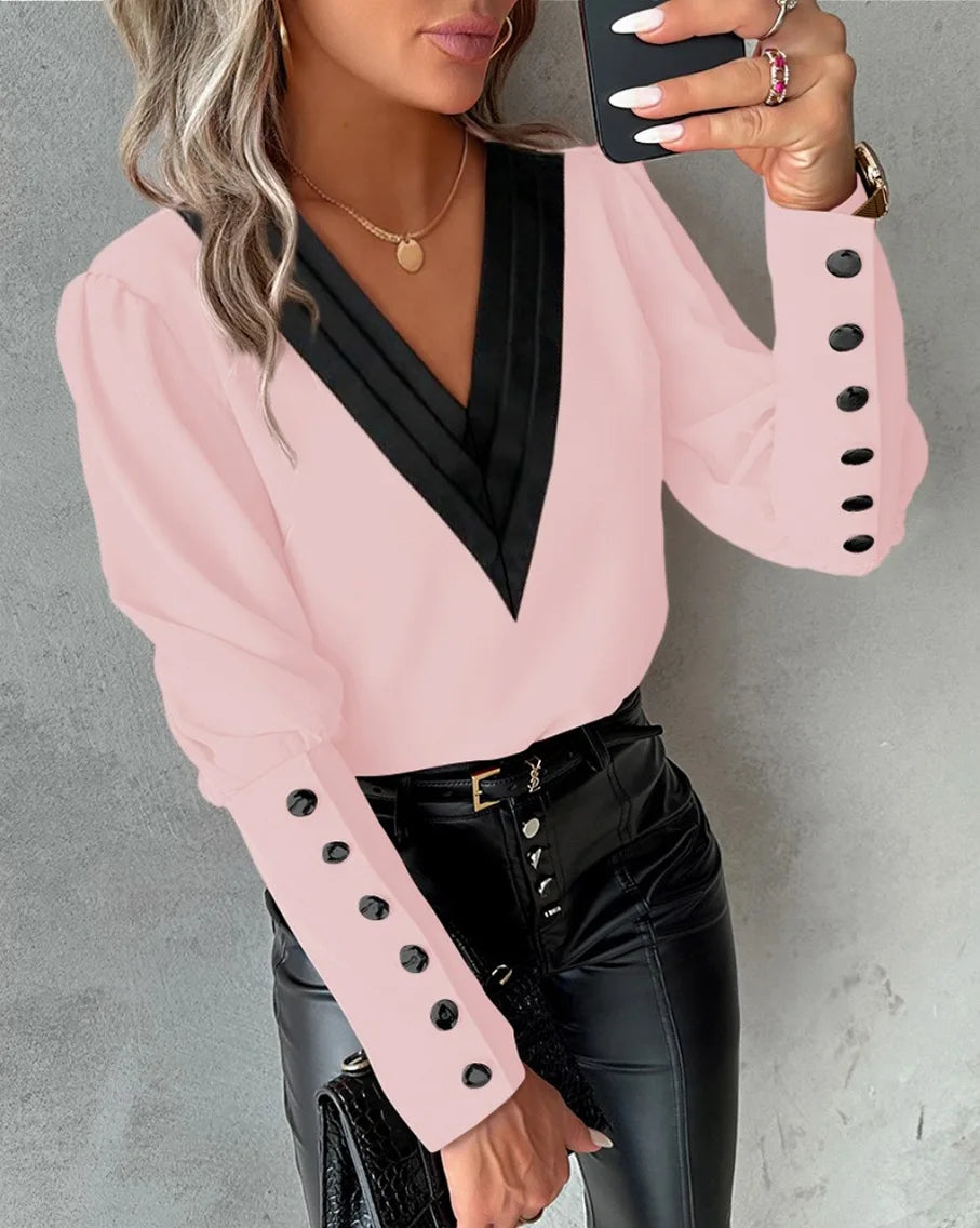 V-Neck Button Blouse – Color Block, Long Sleeve