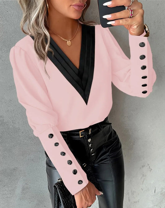 V-Neck Button Blouse – Color Block, Long Sleeve