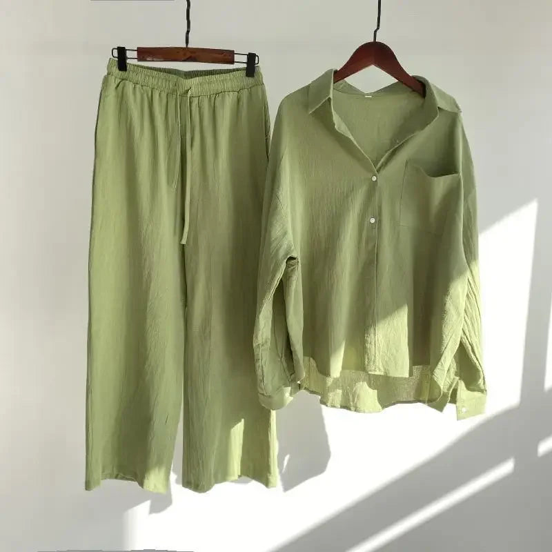 2023 Spring Summer Vintage Cotton Linen Loose Fit Trousers & Shirt Suit