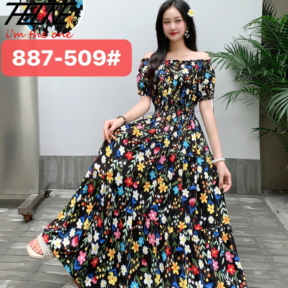 THHONE Bohemian Floral Maxi Dress – Cotton Linen Short Sleeve Casual Dress for Women