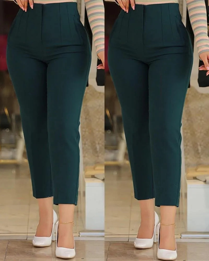 Elegant High-Waist Cropped Slim Office Pants