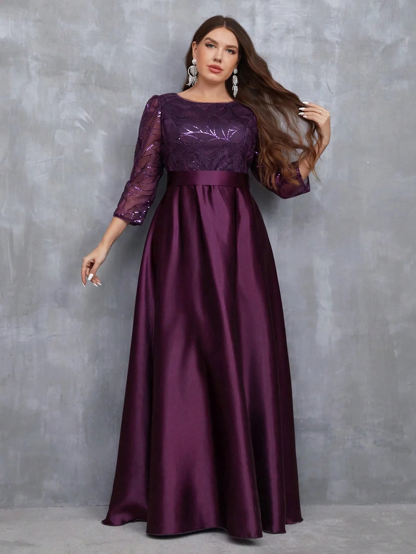 Mgiacy Sequin Patchwork Satin Gown – Crew Neck Long Sleeve Ball Party Dress
