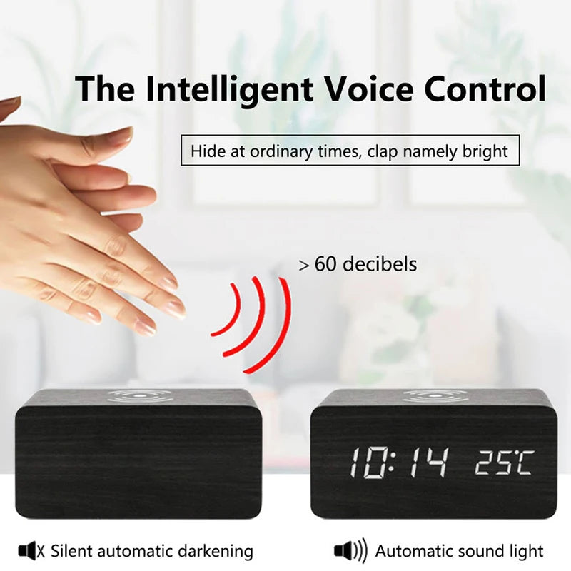 Wooden LED Digital Alarm Clock with Wireless Charging, Displaying Time, Date & Temperature – Multifunctional Desk & Bedside Clock