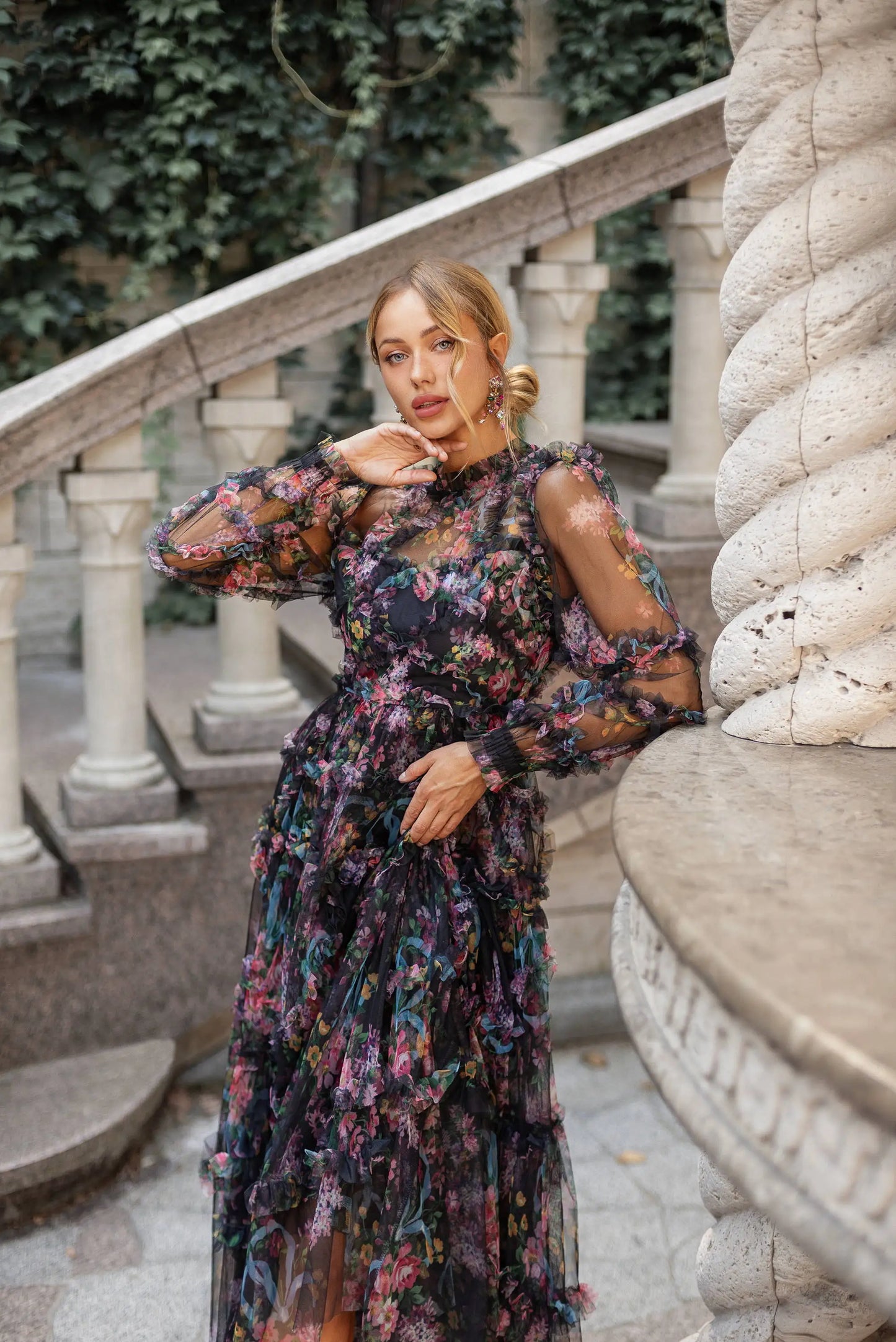 Elegant Lace Ruffle Mesh Gown