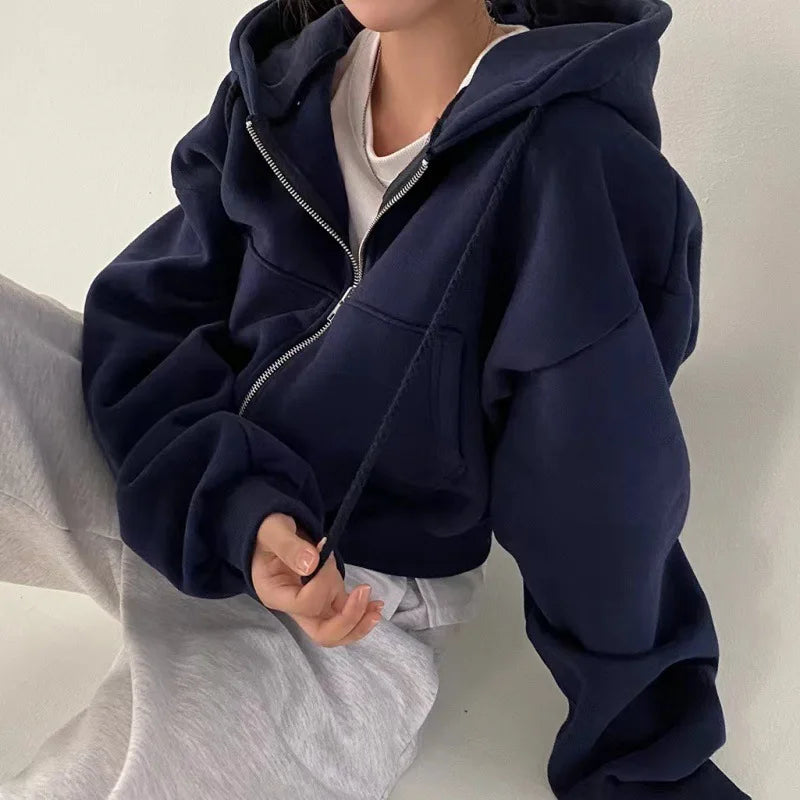 2024 Women’s Navy Blue Fleece-Lined Zip-Up Hoodie — Slim Cropped Sweatshirt