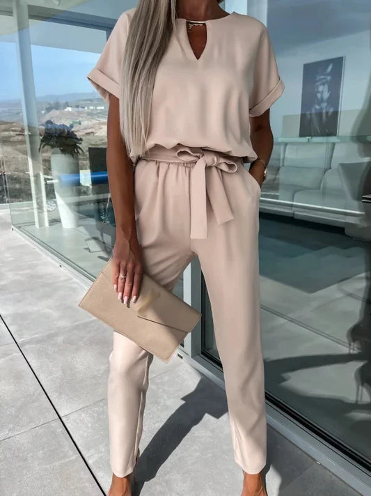 2023 Women’s Solid Color Short Sleeve V-Neck Lace-Up Jumpsuit with Pockets