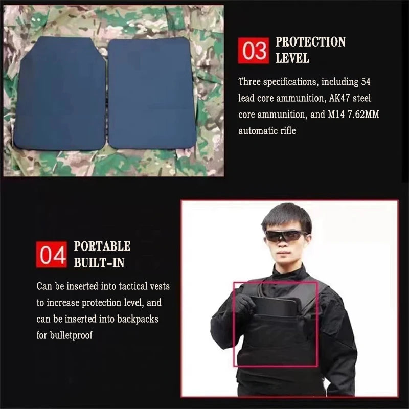 NIJ IIIA Polyethylene PE Lightweight Bulletproof Plate – Plug-in Composite Steel Tactical Vest Insert 10 x 12