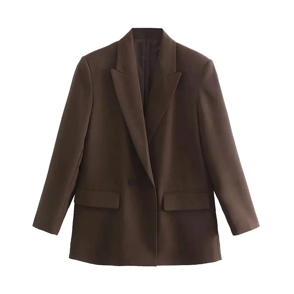 Chic Double-Breasted Blazer Coat – Women's Loose-Fit Long Sleeve Vintage Outerwear with Pockets