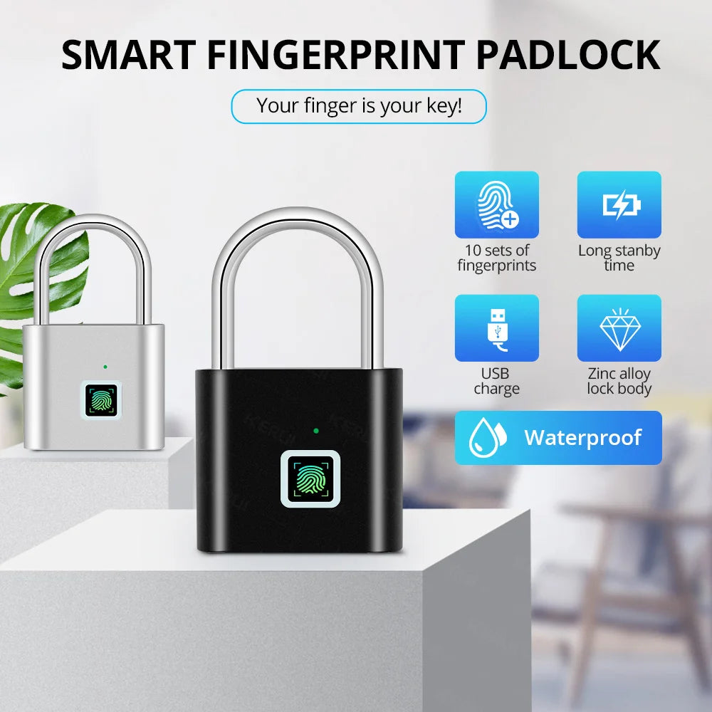 Keyless USB Charging Fingerprint Smart Padlock | Waterproof Anti-Theft | 0.2sec Unlock | Zinc Alloy Door Lock