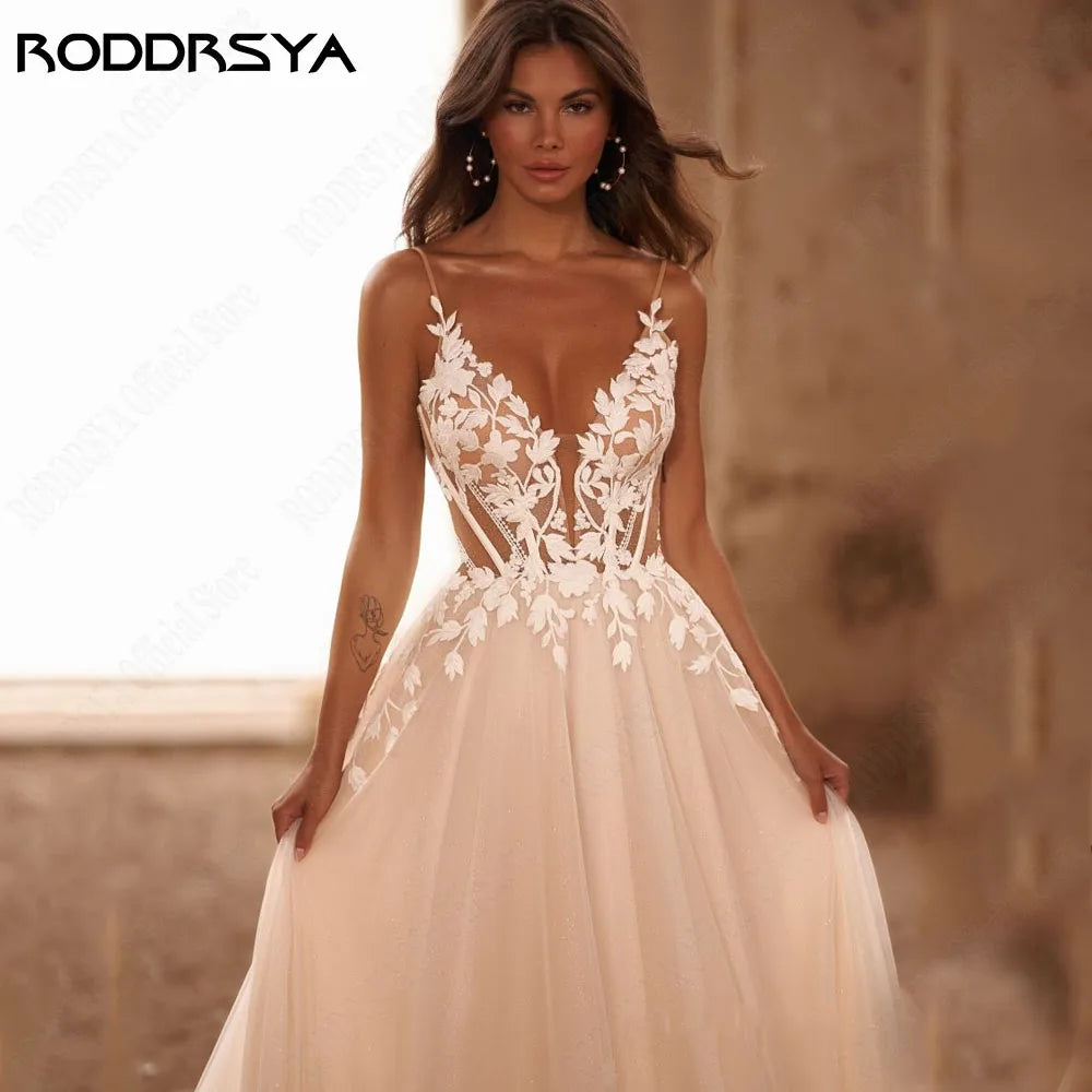 RODDRSYA Glitter Wedding Dress – Spaghetti Straps V-Neck Backless Boho Bridal Gown with Train