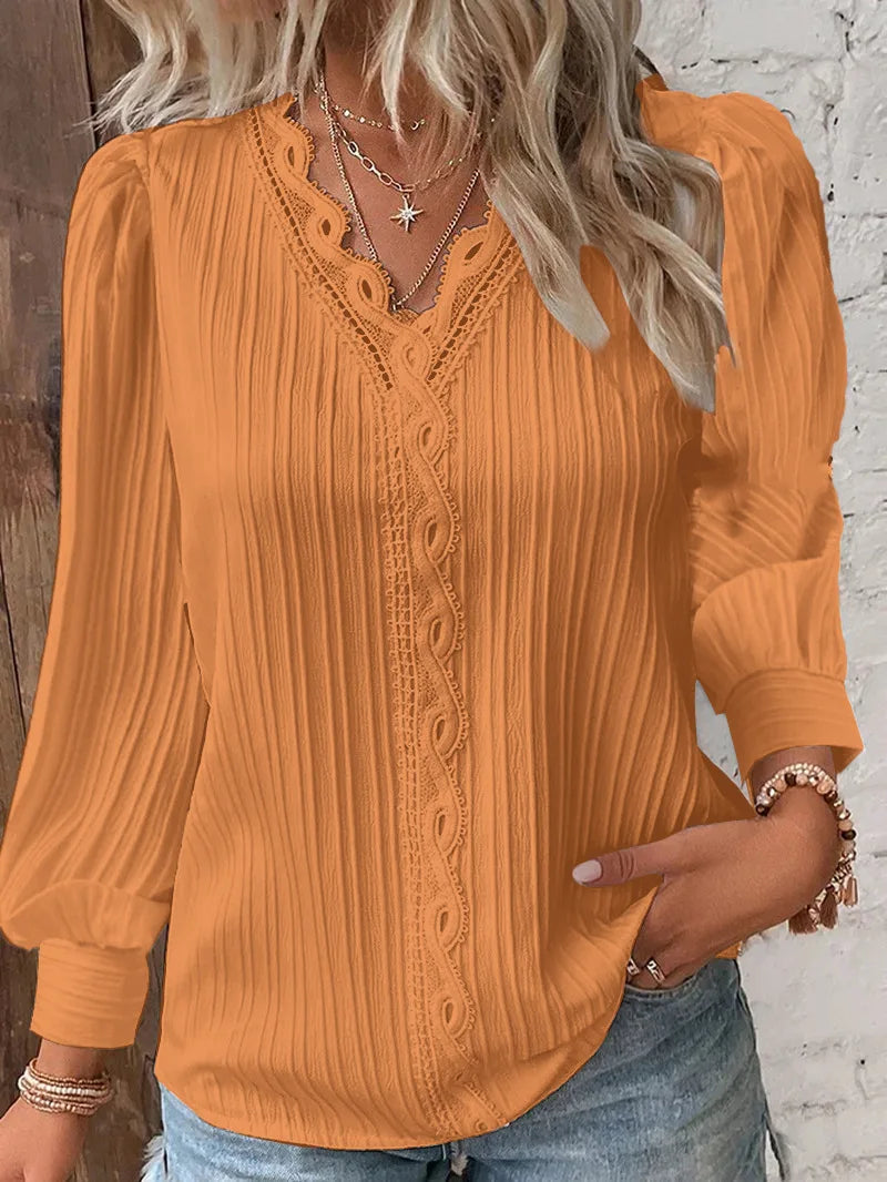 Elegant V-Neck Lace Patchwork Blouse – Women's Long-Sleeve Chic Shirt for Summer & Casual Wear