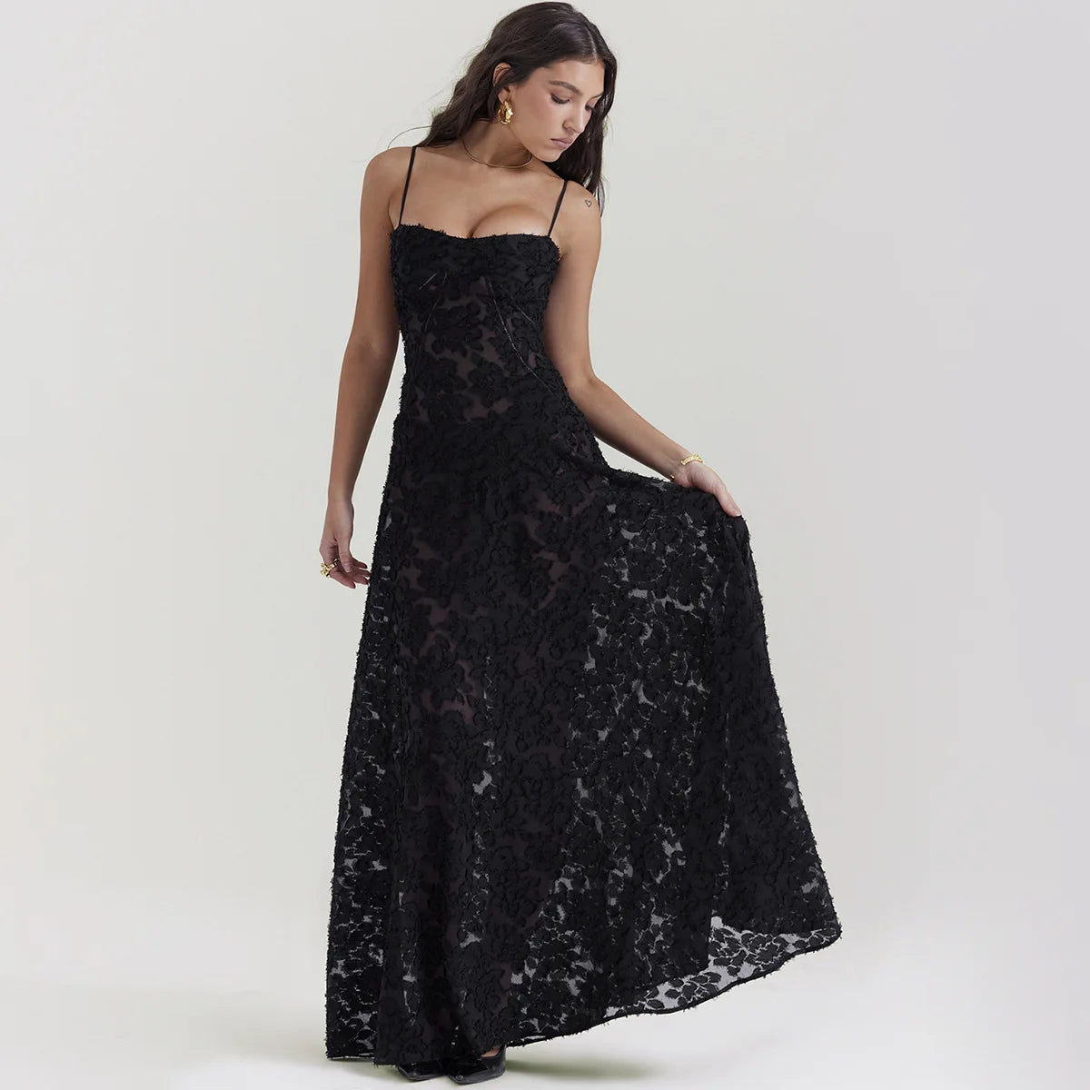 Oligai Elegant Embroidered Black Maxi Dress