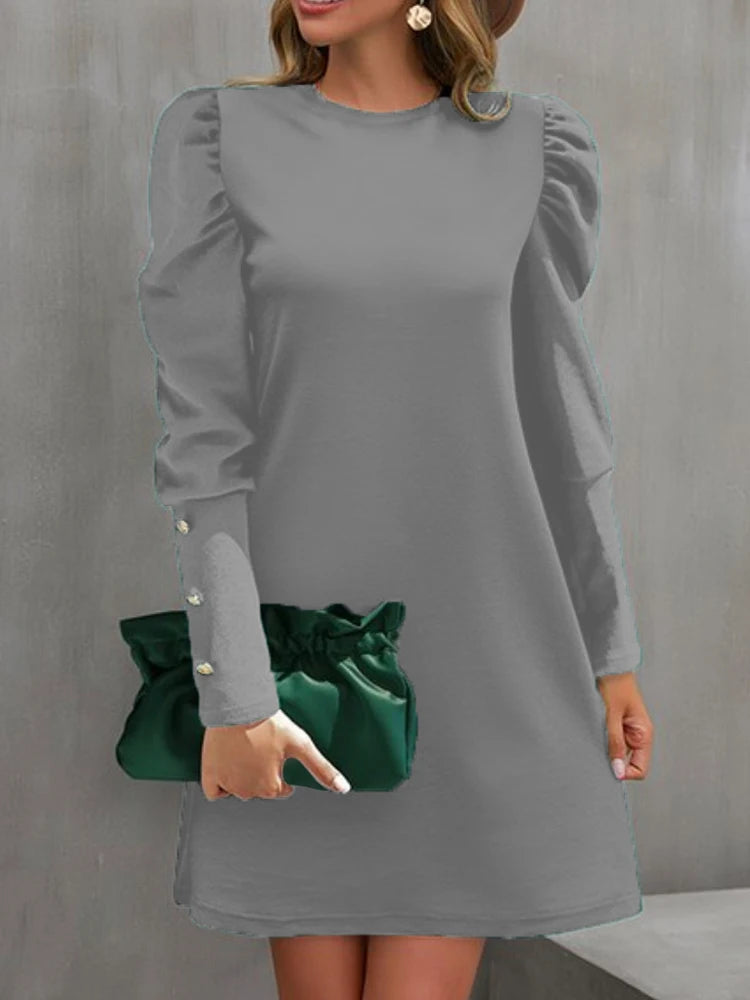 Elegant Autumn A-Line Midi Dress – Casual Loose Long Sleeve Black Dress for Women