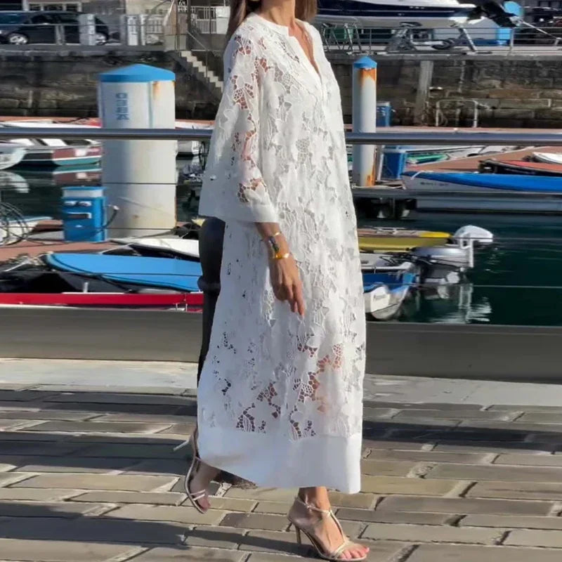 Elegant White Lace Hollow Evening Dress – V-Neck Contrast Patchwork Mesh Party Dress for Women