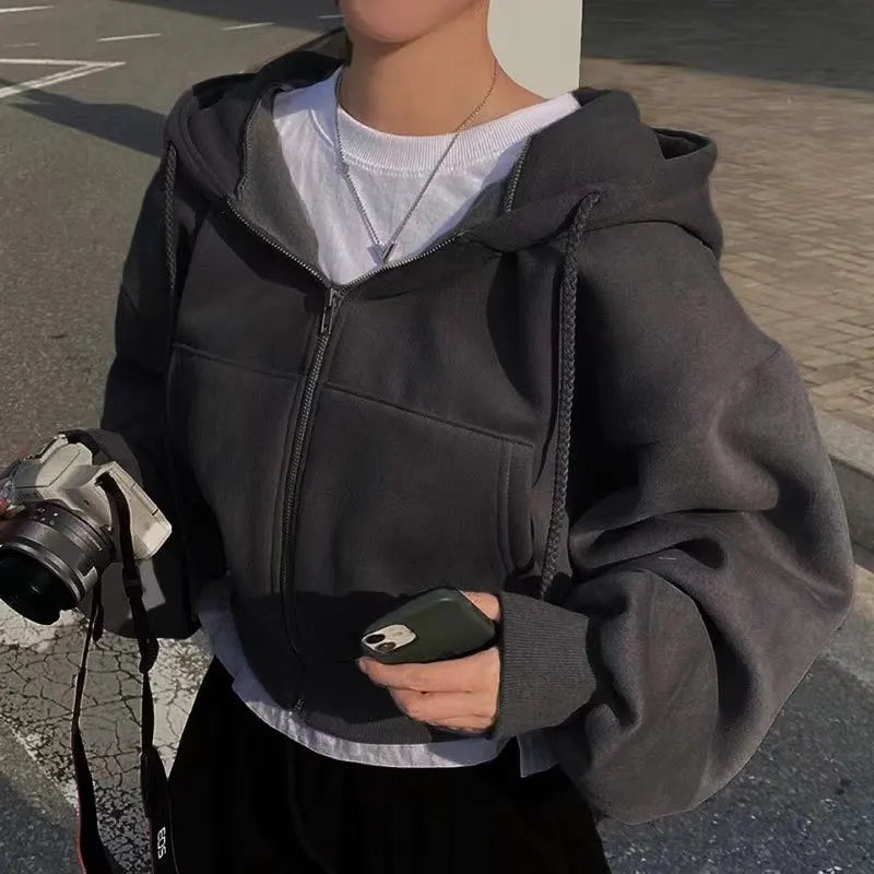 2024 Women’s Navy Blue Fleece-Lined Zip-Up Hoodie — Slim Cropped Sweatshirt