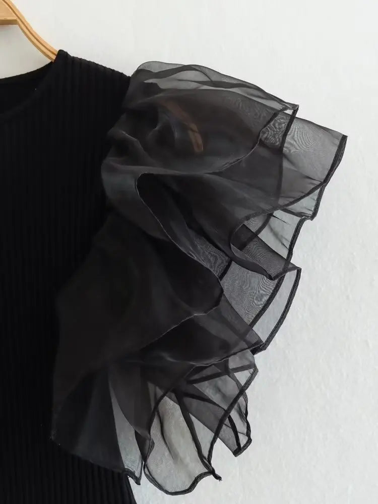 Willshela Women Fashion Black Ruffled Bodysuits Vintage O-Neck Sleeveless Female Chic Lady Tight Tops