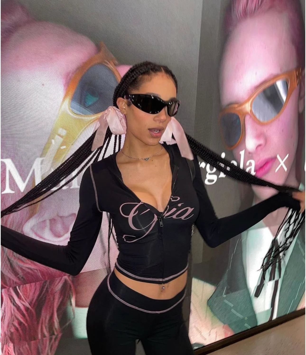 Iamgia Zip-Up Cap Long Sleeve Top & Low Waist Micro Flared Pants