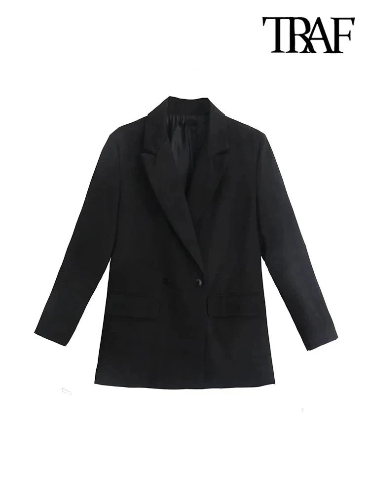 Chic Double-Breasted Blazer Coat – Women's Loose-Fit Long Sleeve Vintage Outerwear with Pockets