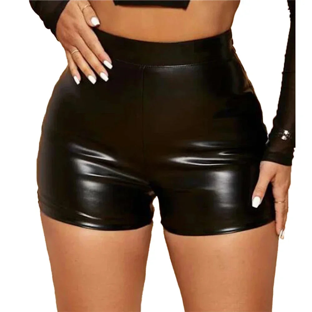 Sexy High-Waist Faux Leather Shorts – Women's Shiny Tight Mini Pants for Nightclub & Party Wear