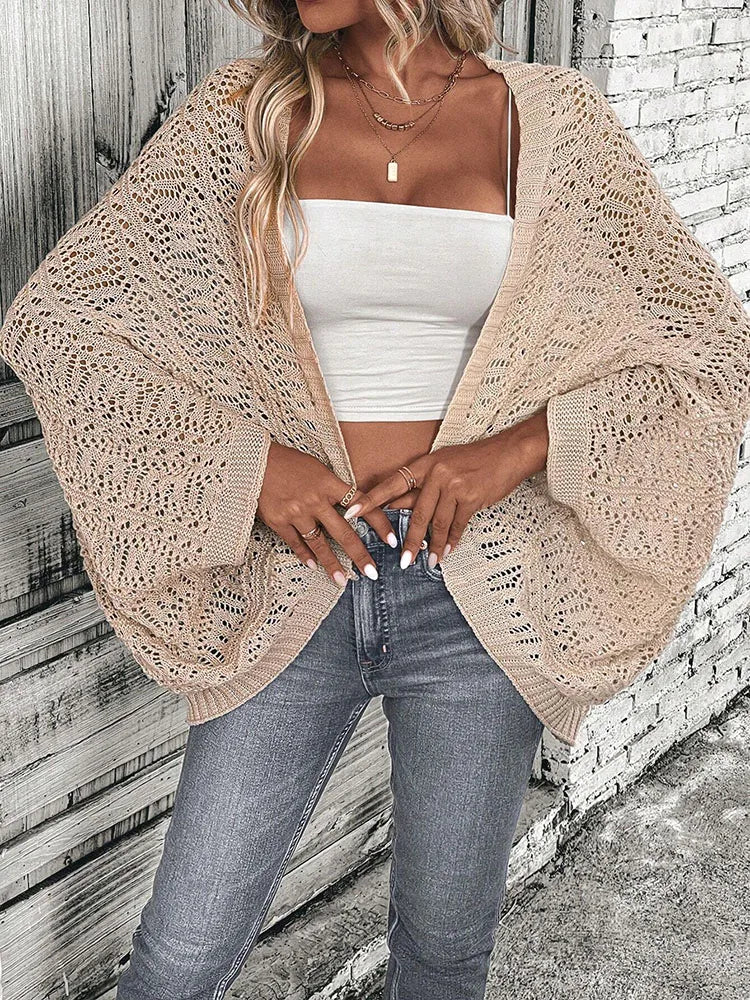 Elegant Open-Front Knit Cardigan – Women's Solid Color Batwing Sleeve Loose Cover-Up