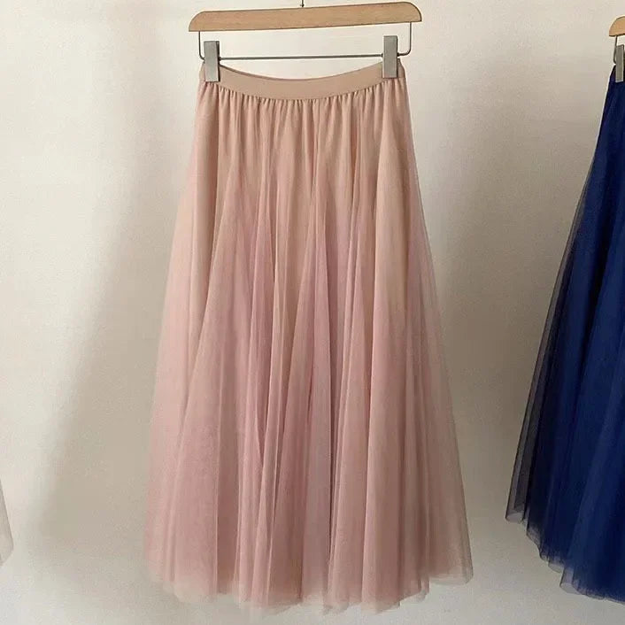 Elegant High-Waisted Pleated Mesh Skirt – Women's Chic A-Line Long Dance Skirt