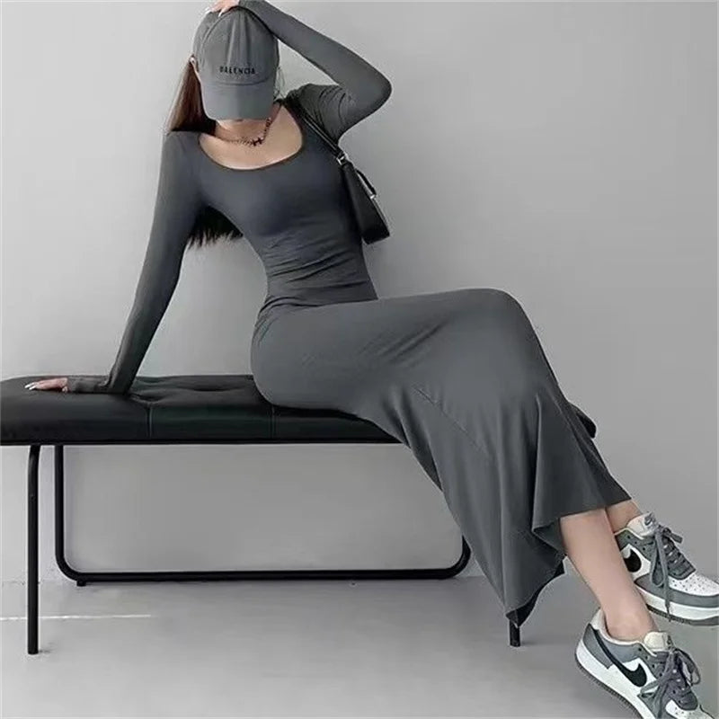 Low Cut Mermaid Dress – Sexy Long Sleeve Solid Color Outfit for Women