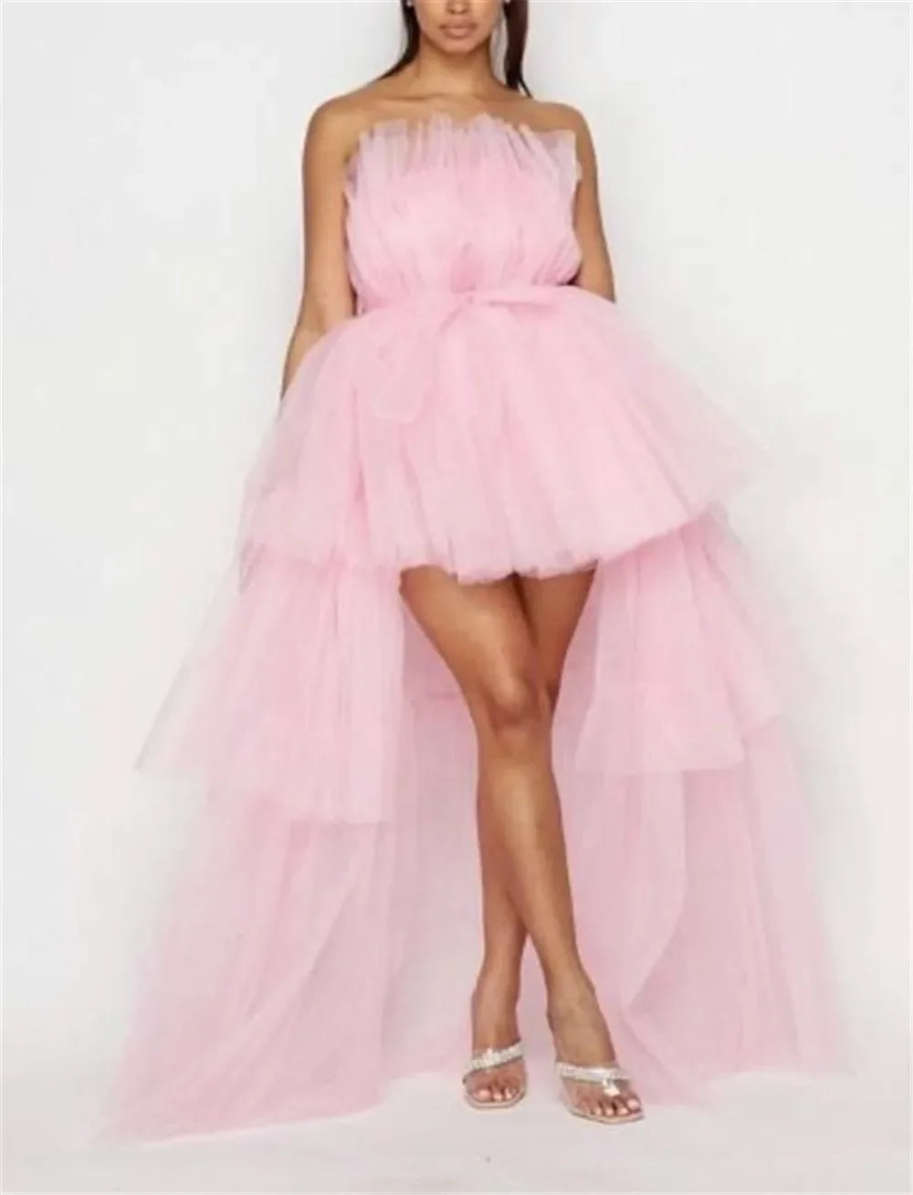 Elegant Mesh Tulle Evening Gown – Strapless Off Shoulder High Waist Formal Dress for Women