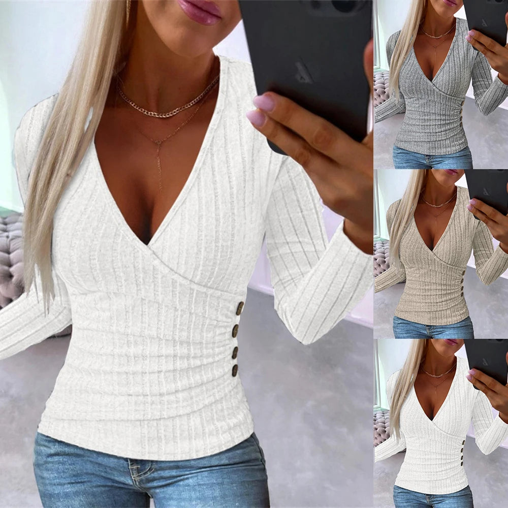 Ribbed V-Neck Wrap Top – Slim Fit, Long Sleeve
