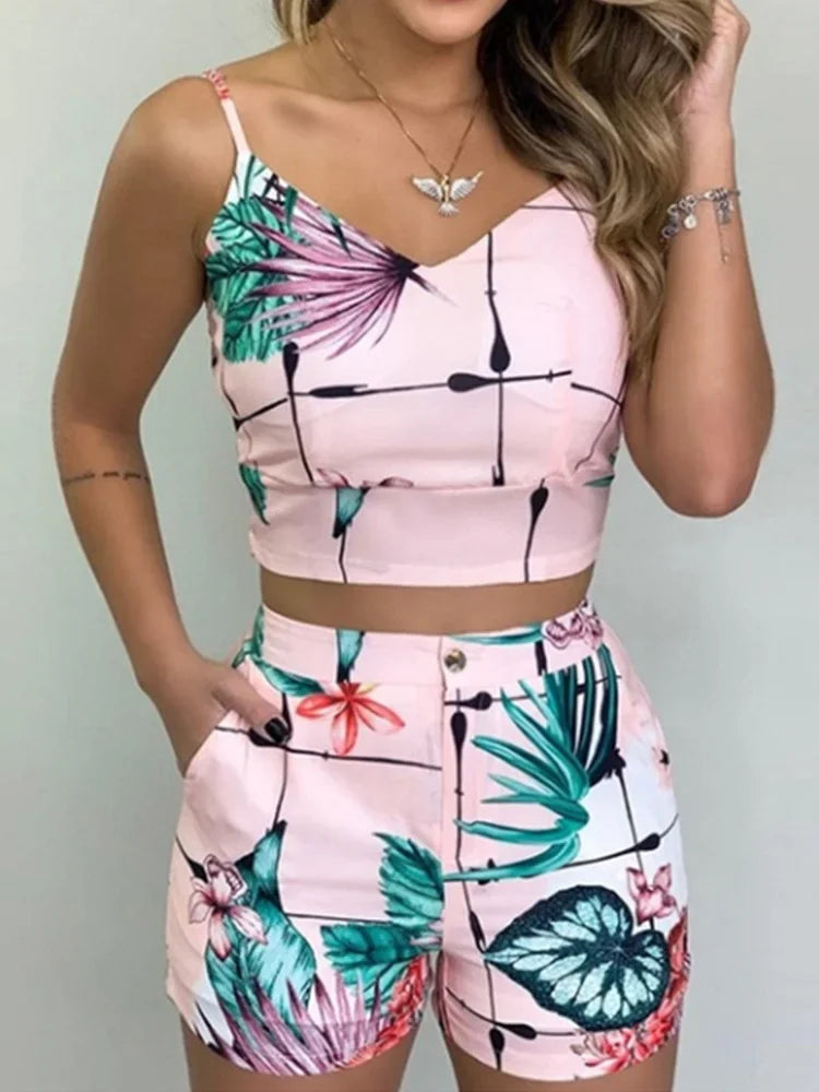 Women's Summer 2-Piece Set – Printed Spaghetti Strap Crop Top & Shorts