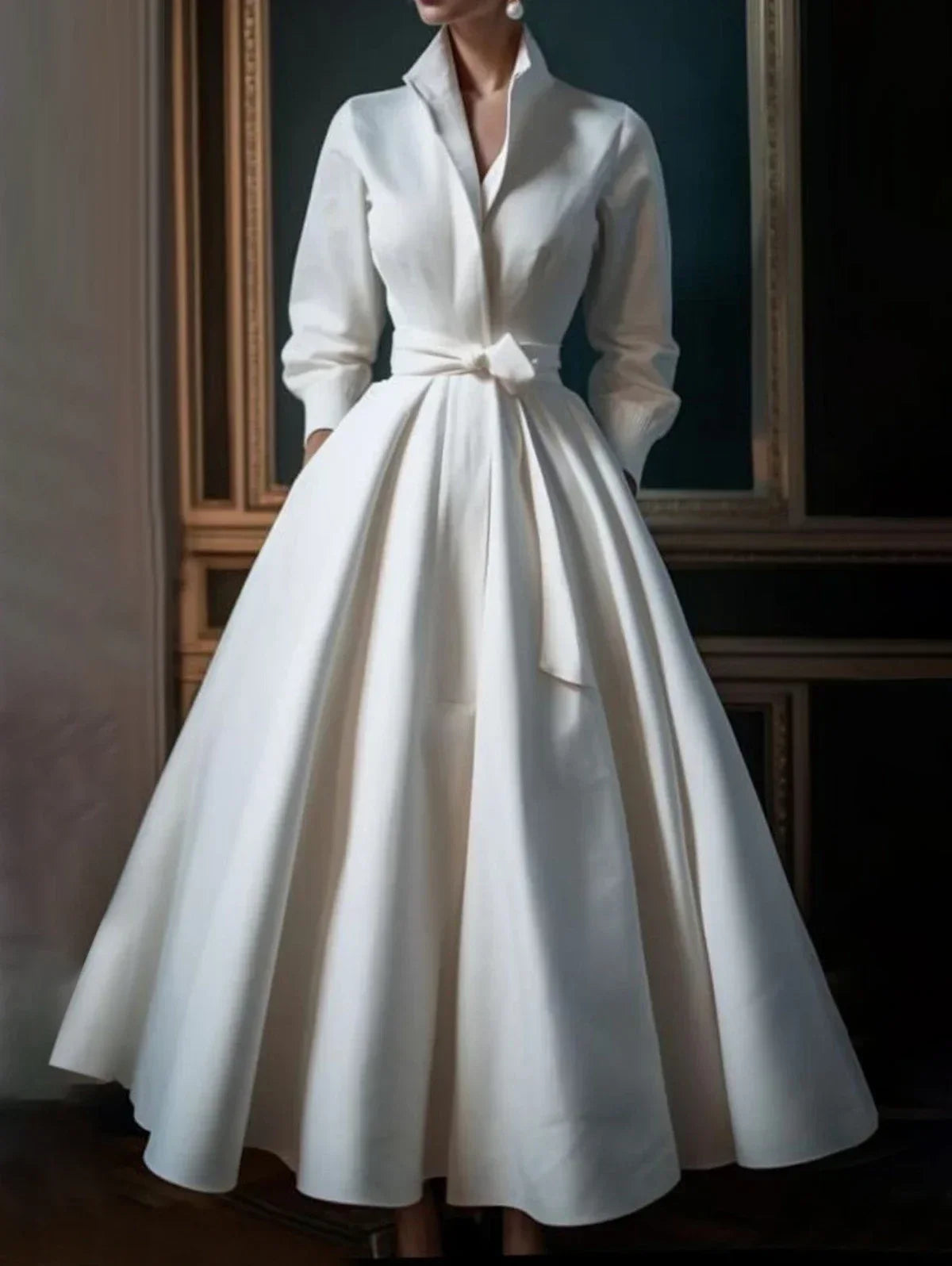 Elegant White Shirt Dress – Long Sleeve Pleated A-Line Wedding Guest Dress with Belt 2024