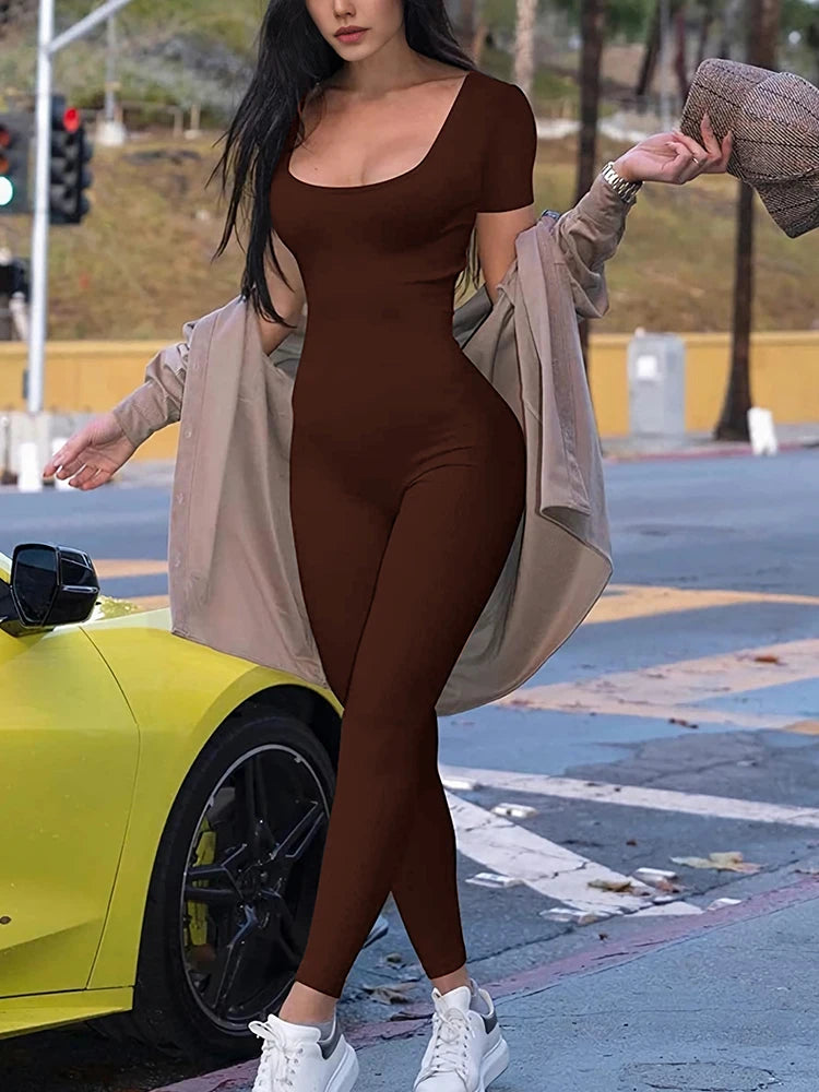 Solid Bodycon Romper – Short Sleeve, Skinny Fit