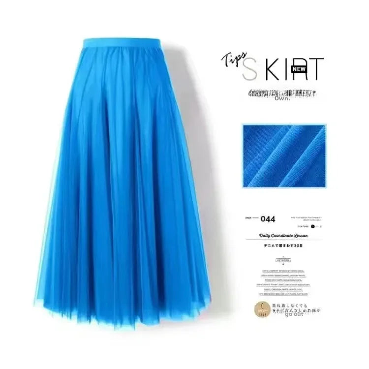 Elegant High-Waisted Pleated Mesh Skirt – Women's Chic A-Line Long Dance Skirt
