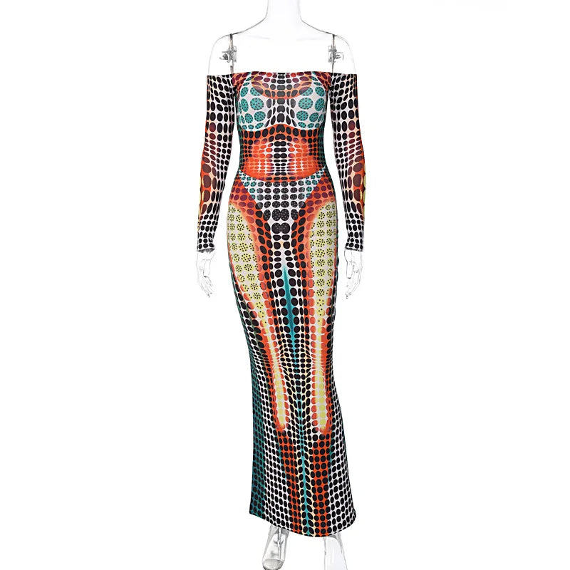 Hugcitar Tie Dye Bodycon Maxi Dress – Sexy Backless Long Sleeve Club Dress for Women