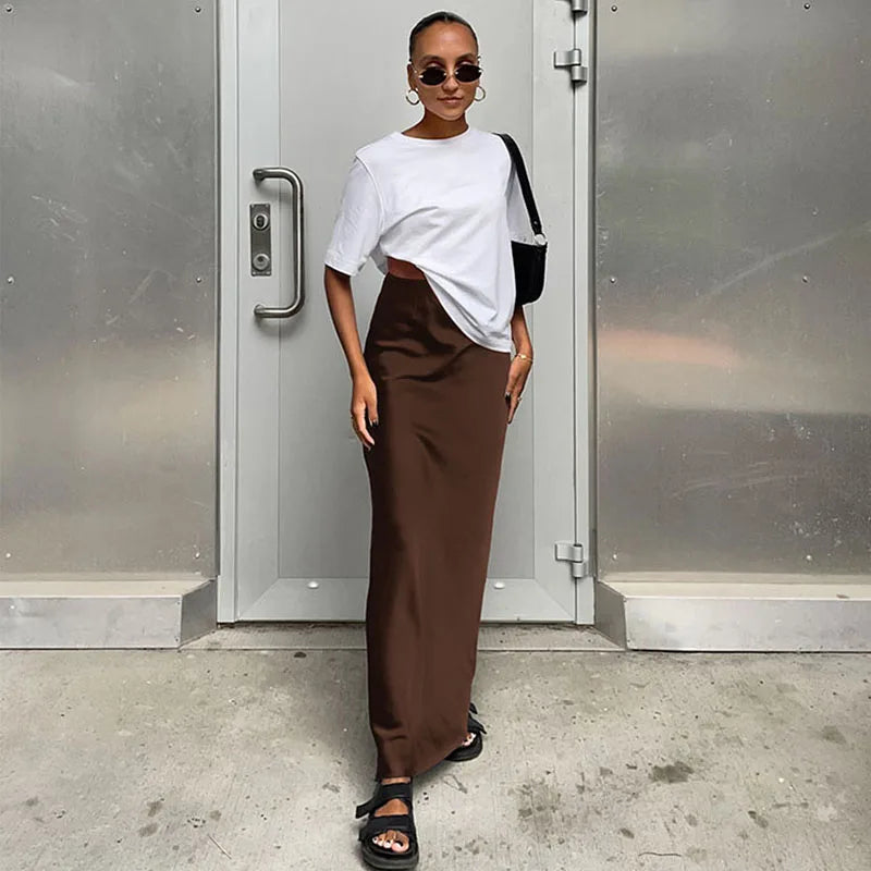 Elegant High-Waist Satin Trumpet Skirt – Women's Slim Fit Long Skirt for Office & Fashion Wear