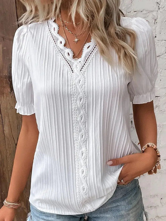 Plus Size Lace Blouse – V-Neck, Short Sleeve, Casual Fit