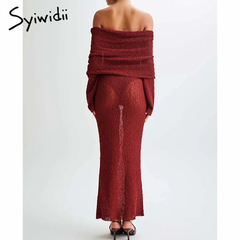 Syiwidii Elegant Off-Shoulder Knit Dress – Long Sleeve Sexy See-Through Evening Dress for Women